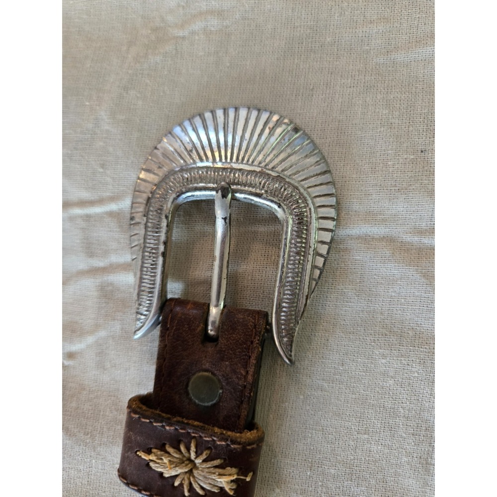 Vintage Belt Leather Beaded Leegin Montana Silvertone Brass Buckle Western - Picture 6 of 11